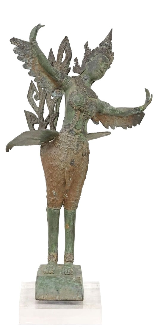 Bronze Sculpture, Southeast Asia: Verdigris patinated bronze sculpture of a Kinnari (dancing bird man), southeast Asia, circa 20th century. Very good condition. Dimensions: H. 30 1/4 inches W. 18 inches D. 12 inches