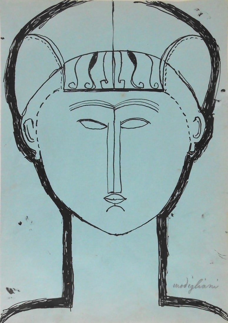 Amedeo Modigliani* (1884-1920) Ink Drawing (See Fine Art Disclaimer): Black ink drawing on blue wove paper, Tete de Cariatide, signed (Amedeo Modigliani*, 1884-1920). Very good condition overall, having no visible damage or repairs. Removed from frame for inspection, ph