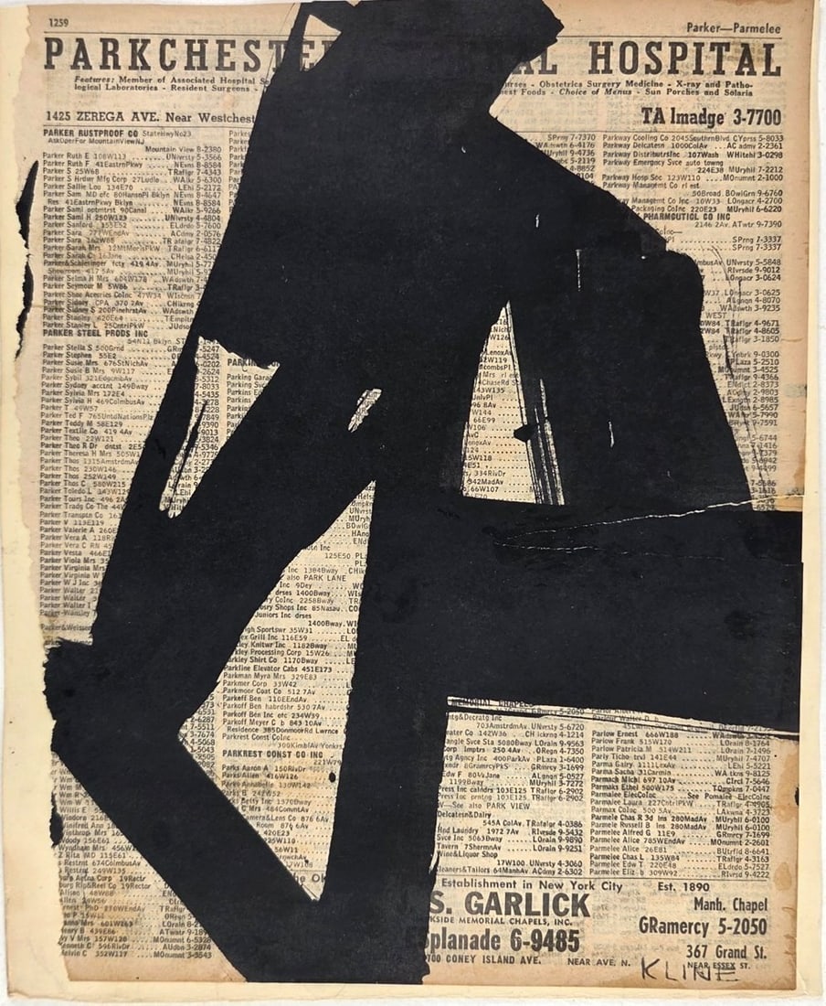 Franz Kline (1910-1962) Ink Drawing, Ca. 1955-1960 (See Guarantee): Ink drawing executed on a page from a NYC (Manhattan) telephone directory mounted to heavy paper (cardstock) backing, untitled abstract, likely a study for a larger later work, by Franz Kline (1910-19