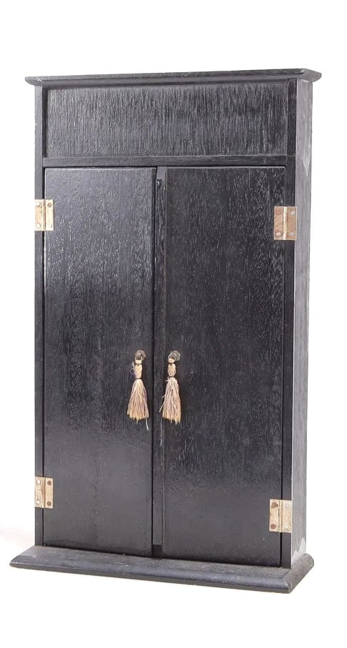 Miniature Chinese Cabinet: Miniature wood cabinet with metal-hinged double doors, Chinese, circa mid-20th century. Good condition. Dimensions: H. 18 1/4 inches W. 10 3/8 inches D. 4 3/4 inches