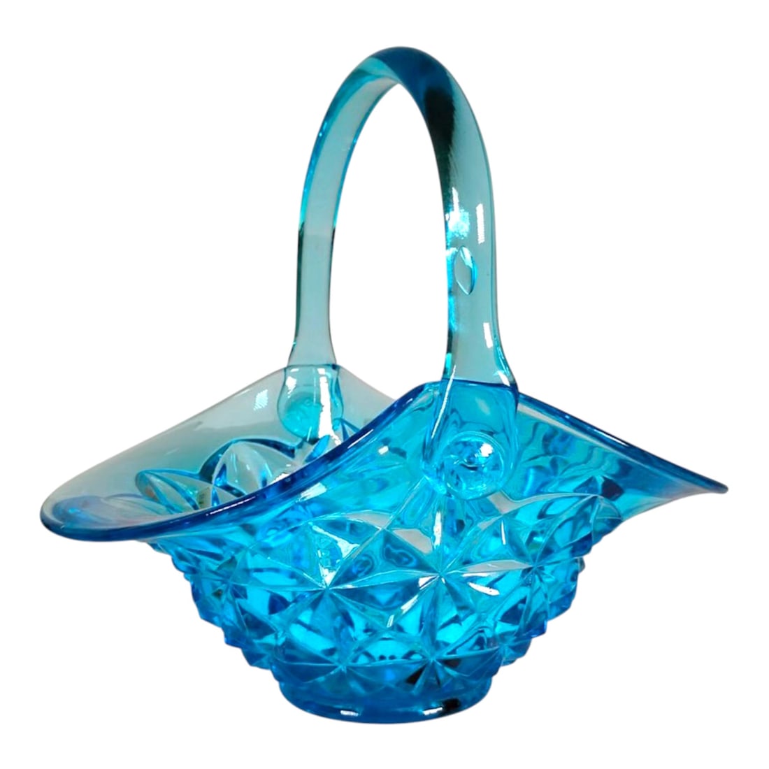Vintage Blue Glass Basket: Beautiful blue glass table basket and handle, American, circa early-mid 20th century. Very good condition. Dimensions: H. 9 3/4 inches L. 10 1/4 inches W. 7 3/4 inches