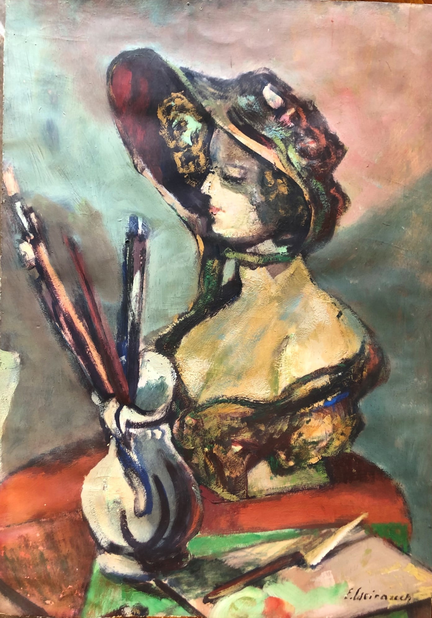 Emil Weirauch (1909-1976) Oil On Cardboard: Oil painting on cardboard, portrait of a woman, seated, by Emil Weirauch (Czech, 1909-1976). Signed. Very good condition. Dimensions: H. 23 1/2 inches W. 16 1/2 inches