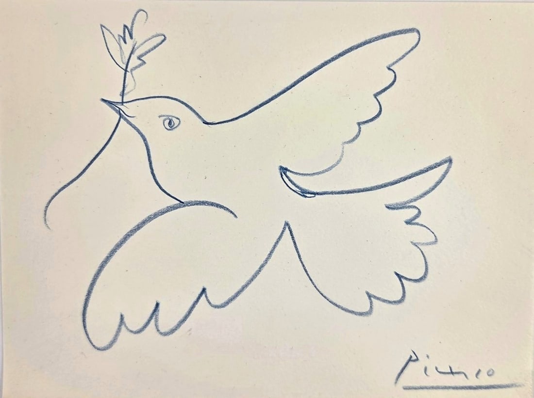 Pablo Picasso* (1881-1973) Colored Pencil Drawing (See Disclaimer & Guarantee): Blue pencil drawing on wove paper, dove of peace, signed lower right (Pablo Picasso*, 1881-1973). Very good condition overall, having no signs of damage or repairs. Unframed for inspection, photograph