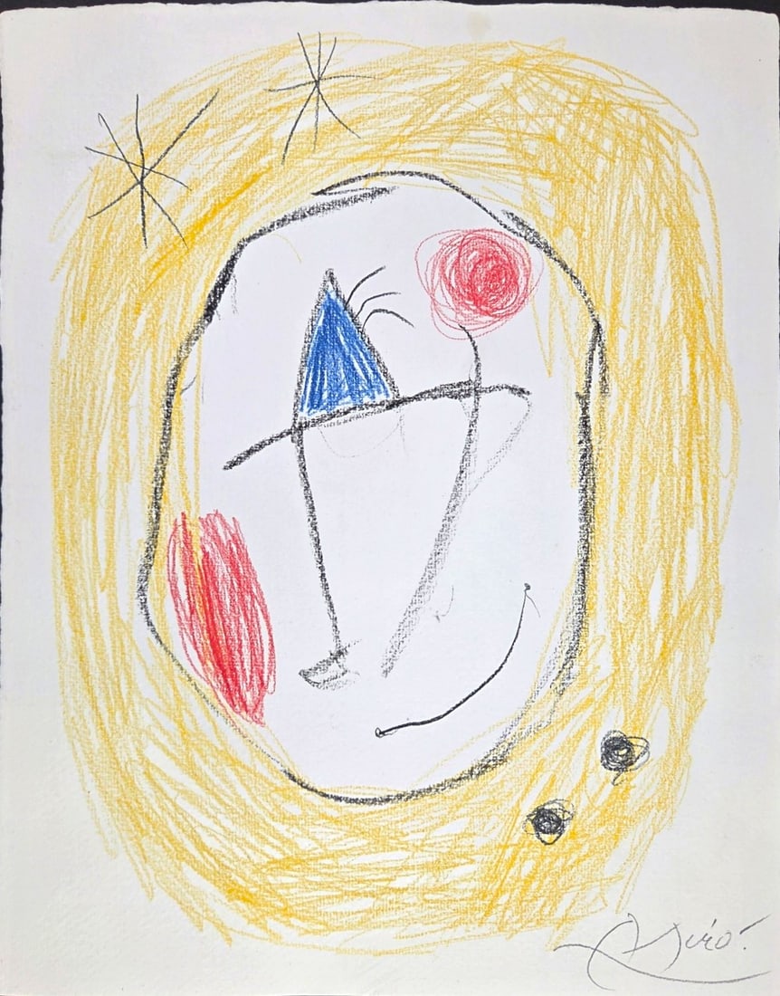 Joan Miro* (1893-1983) Mixed Media Drawing (See Disclaimer & Guarantee): Mixed media drawing on laid paper, untitled abstract with constellations, pencil signed (Joan Miro*, 1893-1983). Circa 1965-1975. Very good condition overall. Unframed for inspection, photographing, a