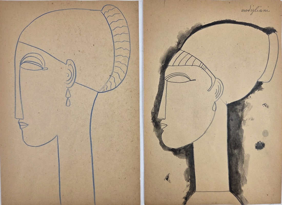 Amedeo Modigliani* (1884-1920) Sketchbook Drawings (See Disclaimer & Guarantee): Two sketchbook drawings on thin tan paper, one blue pencil, the other pencil and ink, each a head in profile facing left. One signed, the other unsigned (Amedeo Modigliani*, 1884-1920). Both in very g