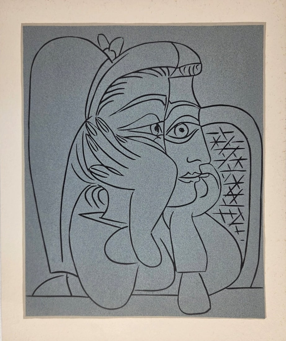Pablo Picasso (1881-1973) Color Linocut, 1962: Original color linoleum cut (linocut), Female Head with Supporting Arms, Harry N. Abrams edition, 1962. After the original by Pablo Picasso (1881-1973), created under the direction of the artist using