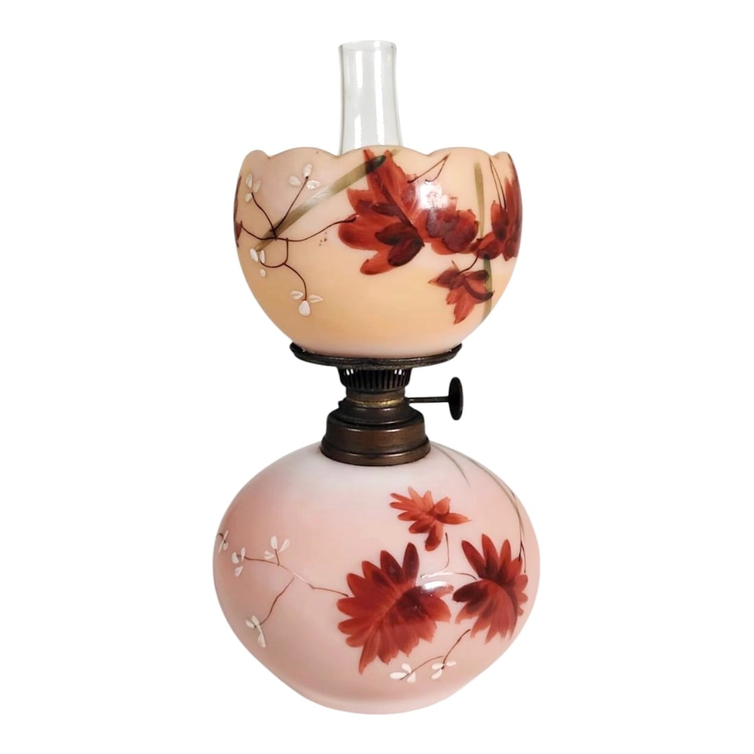Antique Miniature Glass Oil Lamp: Miniature handpainted glass oil lamp, circa early 20th century. Very good condition. Dimensions: H. 7 1/2 inches W. 4 1/2 inches