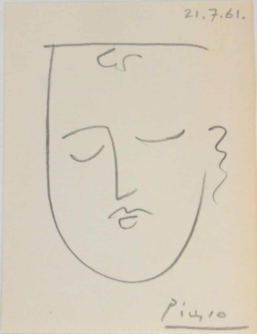 Pablo Picasso* (1881-1973) Drawing (See Disclaimer & Guarantee): Pencil drawing on wove paper, face, signed (Pablo Picasso*, 1881-1973). Dated 21.7.61. Very good condition overall, having no readily apparent damage or repairs. Has been removed from frame for
