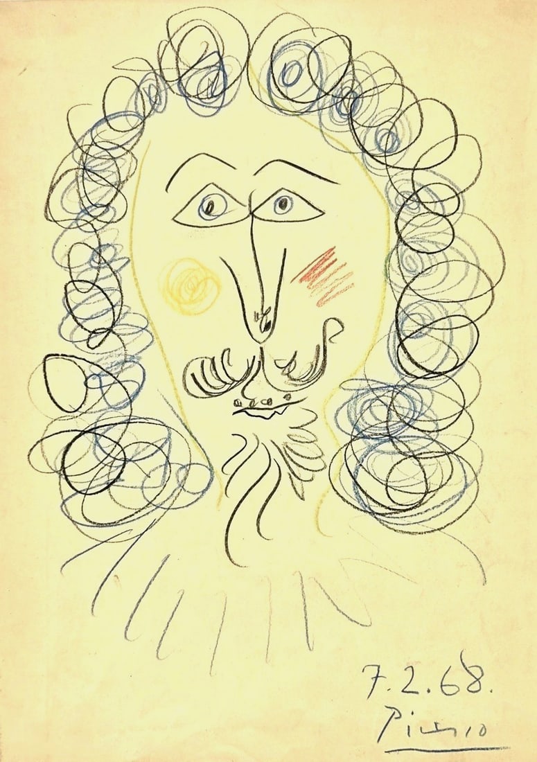Pablo Picasso* (1881-1973) Colored Pencil Sketch (See Disclaimer & Guarantee): Colored pencil drawing on light yellow wove paper, portrait of a bearded man in 17th century costume, signed (Pablo Picasso*, 1881-1973). Good condition overall. Unframed for inspection,