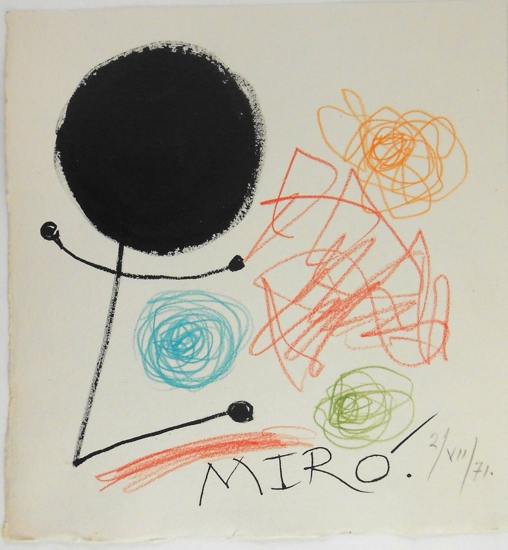 Joan Miro* (1893-1983) Mixed Media Drawing (See Disclaimer & Guarantee): Mixed media drawing on medium weight handmade wove paper, untitled abstract, boldly signed in black ink with capital letters and dated in pencil (Joan Miro*, 1893-1983). Very good condition. No