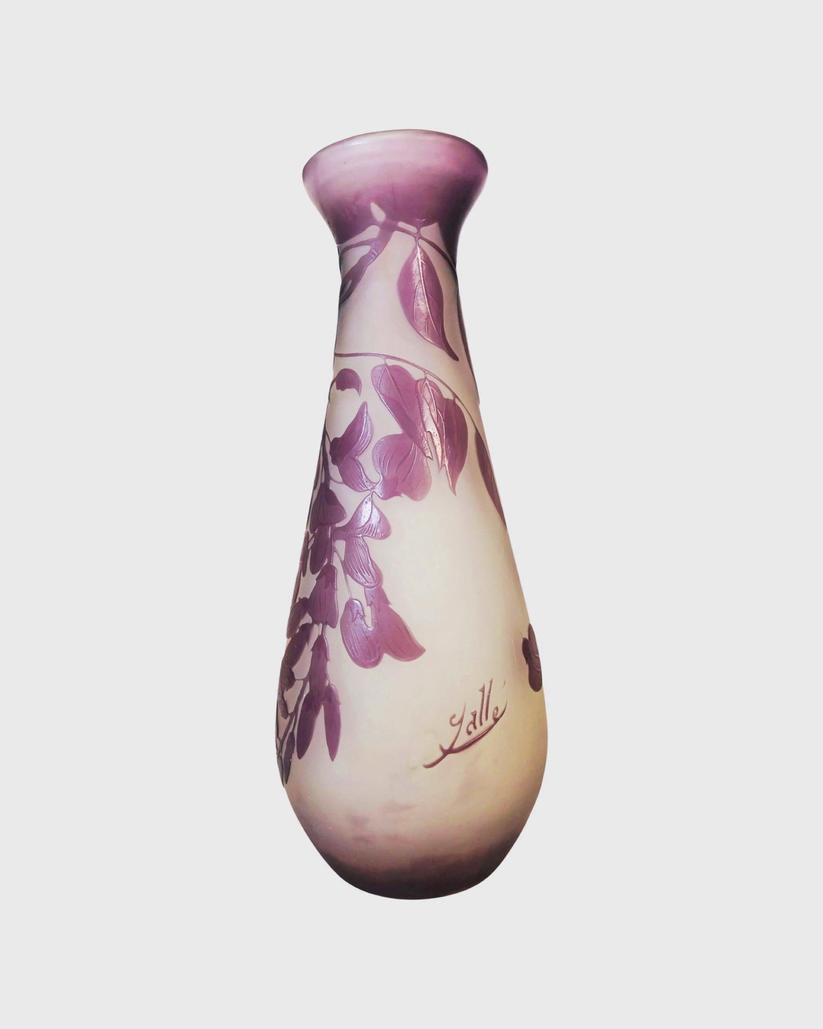 Galle Cameo Glass Vase, Signed: Galle cameo glass vase, acid-etched with flowers and foliage, signed. France, circa 1900. Very good condition. H. 8 inches