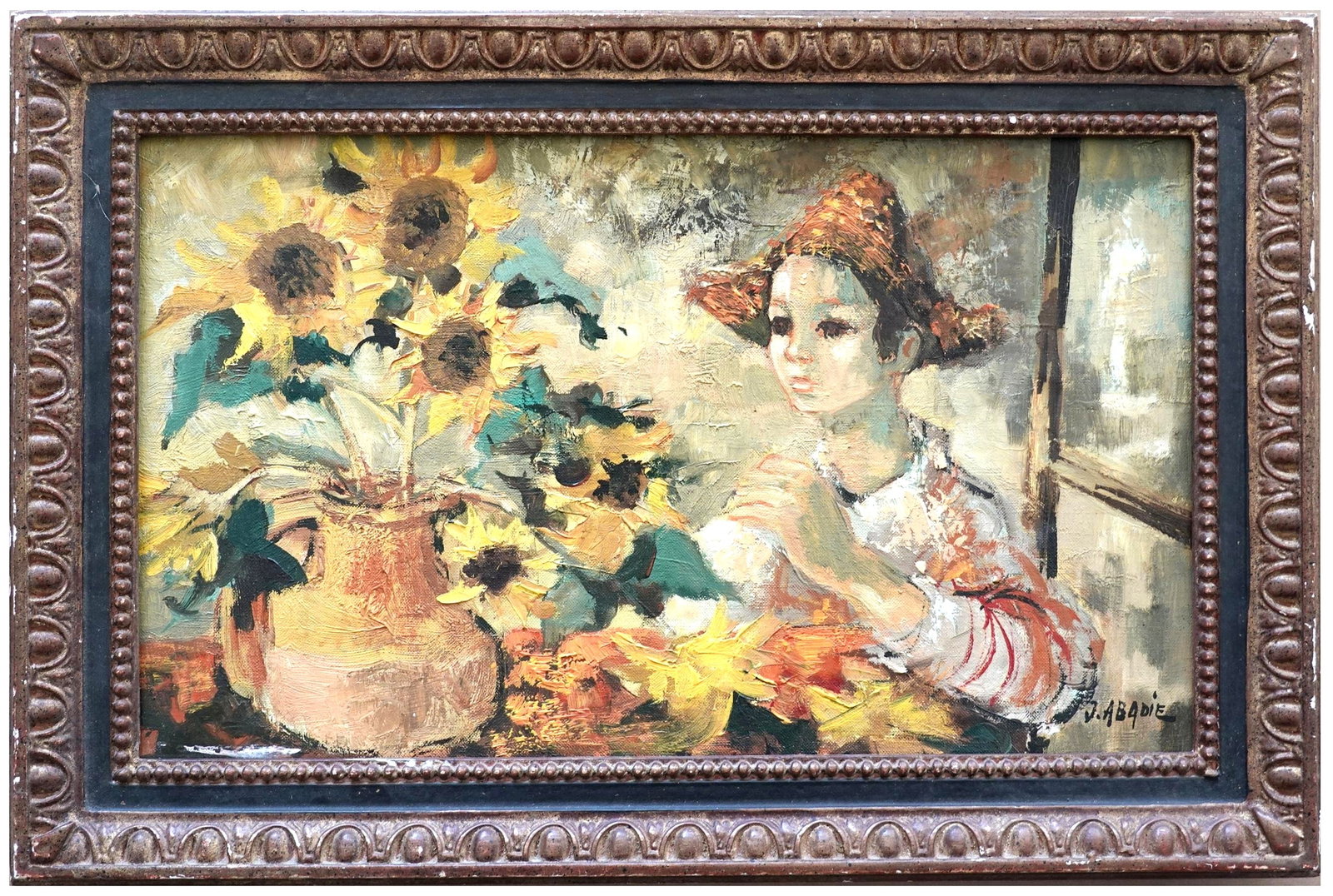 Jean Abadie (1921-2010) Oil Painting, Signed: Oil painting on canvas, Harlequin with sunflowers, by Jean Abadie (1921-2010). Signed. Some minor losses to frame. Dimensions (framed): H. 17 1/4 inches W. 26 inches D. 2 inches