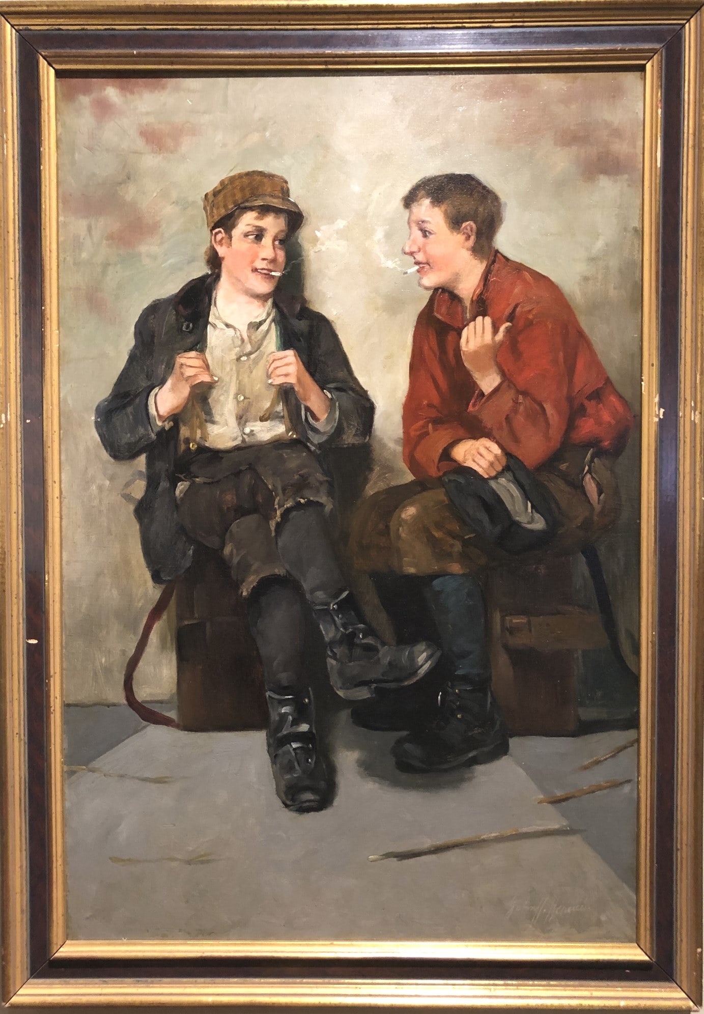 John H. Henrici (1863-1958) Oil Painting: Oil painting on panel, two shoe shine boys, by John H. Henrici (1863-1958), signed with a scratched-in signature, lower right. Very good condition. Dimensions: H. 30 inches W. 20 inches. Framed dimens