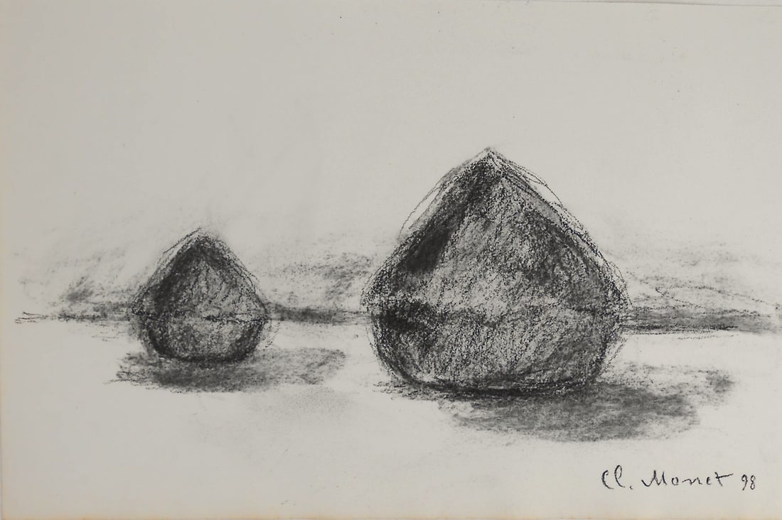 Claude Monet* (1840-1926) Charcoal Sketch (See Disclaimer & Guarantee): Charcoal sketch on wove paper, haystacks, signed and dated (Claude Monet*, 1840-1926). Very good condition, having no signs of damage or restoration. Unframed for inspection, photographing, and shippi