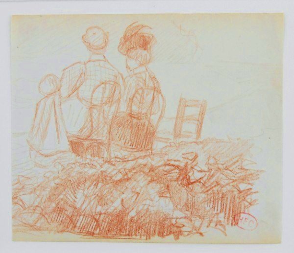 Henri Edmond Cross (1856-1910) Sanguine Sketch: Original sanguine sketch, figures in a landscape, attributed to Henri Edmond Cross (1856-1910). Stamped with the artist's initials (H.E.C.) lower right. 5 1/8 x 6 inches.AUTHENTICATION OF ATTRIBUTED L