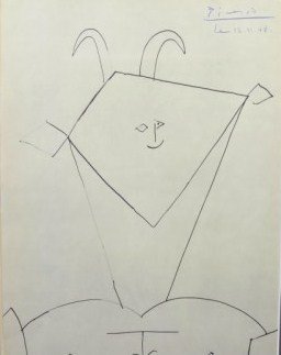 Pablo Picasso (1881-1973) Signed Print: Black and white print, "Face," after an original drawing by Pablo Picasso (1881-1973). With blue pencil signature, upper right, attributed to the artist. Dated 12.11.48. 14 x 10 1/2 inches. Very good 