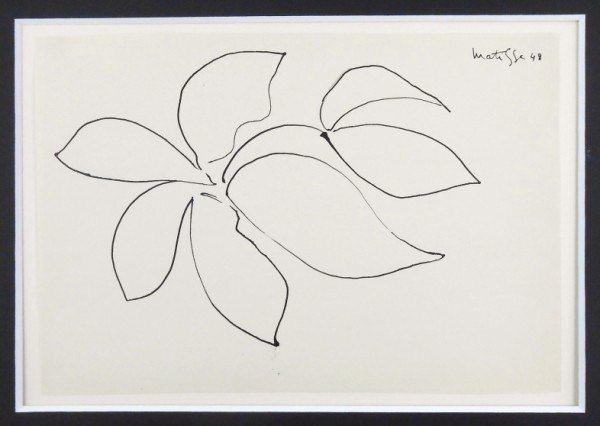 Henri Matisse (1869-1954) Pen & Ink Sketch: Original pen and ink sketch, untitled (study of leaves), attributed to Henri Matisse (1869-1954). Signed and dated upper right. 7 1/4 x 10 1/2 inches. Unframed. AUTHENTICATION OF ATTRIBUTED LOTS: This