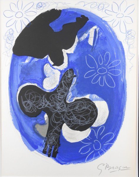 Georges Braque Hand Embellished Lithograph: Original lithograph by Georges Braque (1882-1963), with extensive hand colored additions attributed to the artist. Signed. Published by "Verve." Excellent unframed condition. 14 x 10 3/8 inches.Framin