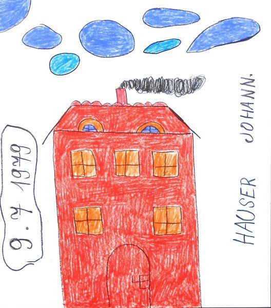 Johann Hauser (1926-1996) Colored Pencil Drawing: Colored pencil drawing, Red House, by Johann Hauser (1926-1996). Signed and dated. 11 1/2 x 10 1/4 inches. Matted but unframed.Property from a prominent German collection of European folk and "outside