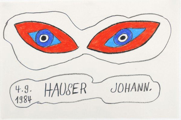 Johann Hauser (1926-1996) Colored Pencil Drawing: Colored pencil drawing, Red Eyes, by Johann Hauser (1926-1996). Signed and dated. 7 1/2 x 11 3/8 inches. Matted but unframed.Property from a prominent German collection of European folk and "outsider"