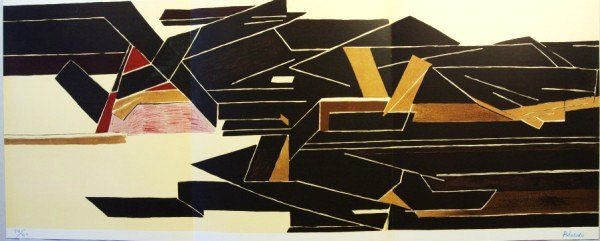 Pablo Palazuelo (1916-2007) Signed Lithograph: Original color lithograph by Pablo Palazuelo (1916-2007), untitled abstract, published in 1954 by Maeght, Paris. Pencil signed, lower right. Text on reverse, as published. 14 3/4 x 29 1/2 inches. Exce