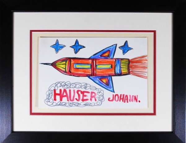 Johann Hauser (1926-1996) Mixed Media Drawing: Watercolor, graphite, and colored pencil drawing, Rocketship, by Johann Hauser (1926-1996). Signed. 6 7/8 x 10 1/2 inches. Framed.Property from a prominent German collection of European folk and "outs