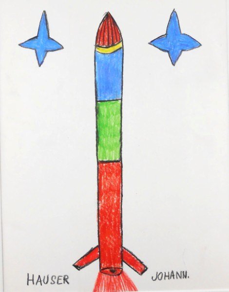 Johann Hauser (1926-1996) Colored Pencil Drawing: Original colored pencil drawing, Rocketship, by Johann Hauser (1926-1996). Signed. 11 3/8 x 8 5/8 inches.Property from a prominent German collection of European folk and "outsider" art.Framing Note: P