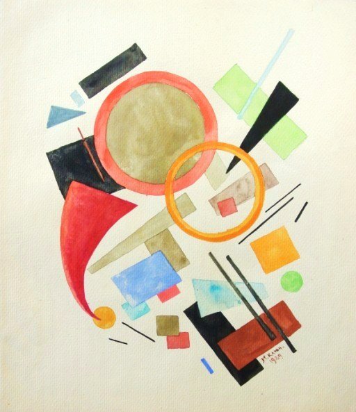 Ivan Kliun (Russian, 1873-1943) Watercolor: Original watercolor, Suprematist composition, attributed to Ivan Vasilievitch Kliun (1873-1943), signed in Cyrillic and dated 1929. 12 3/4 x 11 inches. Stamped on the reverse in Cyrillic (possibly an