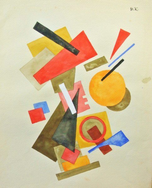 Ivan Kliun (Russian, 1873-1943) Watercolor: Original watercolor, Suprematist composition, attributed to Ivan Vasilievitch Kliun (1873-1943), initialed in Cyrillic upper right. 13 3/4 x 11 inches. Stamped on the reverse in Cyrillic (possibly an