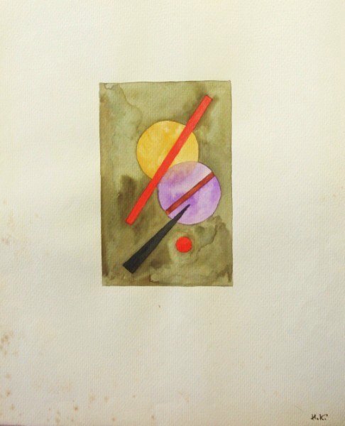 Ivan Kliun (Russian, 1873-1943) Watercolor: Original watercolor, Suprematist composition, attributed to Ivan Vasilievitch Kliun (1873-1943), initialed in Cyrillic lower right. 12 7/8 x 11 1/8 inches. Stamped on the reverse in Cyrillic (possibly