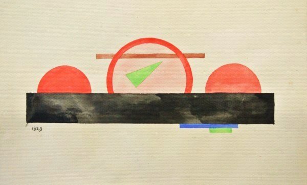 Ivan Kliun (Russian, 1873-1943) Watercolor: Original watercolor, Suprematist composition, attributed to Ivan Vasilievitch Kliun (1873-1943), signed initials in Cyrillic on the reverse with the artist's initials (upper left). Dated 1929. 9 3/4 x