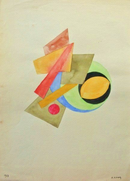 Ivan Kliun (Russian, 1873-1943) Watercolor: Original watercolor, Suprematist composition, attributed to Ivan Vasilievitch Kliun (1873-1943), signed in Cyrillic lower right. Dated 1929. 13 7/8 x 10 inches. Stamped on the reverse in Cyrillic (pos