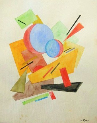 Ivan Kliun (Russian, 1873-1943) Watercolor: Original watercolor, Suprematist composition, attributed to Ivan Vasilievitch Kliun (1873-1943). Signed on front lower right and initialed in Cyrillic lower right on reverse. 12 1/2 x 11 inches. Stamp