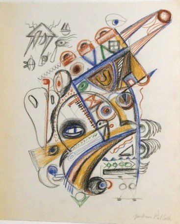 Jackson Pollock (1912-1956) Pencil Drawing: Original graphite and colored pencil drawing, untitled study, by Jackson Pollock (1912-1956). Signed lower right. 11 3/8 x 9 3/8 inches. Very good condition. Unframed. Provenance: Arthur P. Gordon, We
