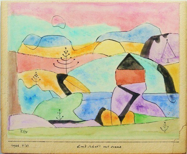 Paul Klee (1879-1940) Watercolor: Original watercolor and ink drawing, "Landschaft mit Sonne," attributed to Paul Klee, signed lower left. Dated and titled on the artist's mount. Approximate image size: 7 1/4 x 9 inches. Very good ove