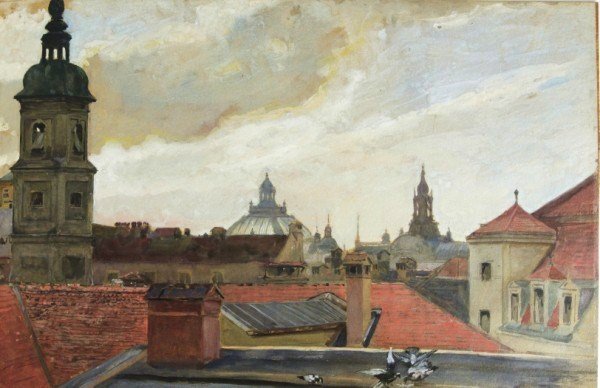 Friedrich Wirnhier (1868-1952) Gouache: Original gouache on artist's board, city rooftops, by Friedrich Wirnhier (German, 1868-1952), signed lower right and indistinctly dated. 13 7/8 x 19 7/8 inches. Very good condition. Framed (under glas