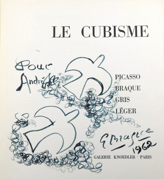 Georges Braque (1882-1963) Ink Drawing: Original bluish-gray ink drawing, two birds, attributed to Georges Braque (1882-1963). Signed, inscribed, and dated. Executed on the title page of "Le Cubisme," an exhibition catalog published by Gale