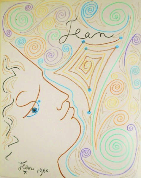 Jean Cocteau (1889-1963) Colored Pencil Drawing: Exceptional colored pencil drawing attributed to Jean Cocteau (1889-1963), signed and dated 1960. Drawing is executed on the page facing the title page of "La Salle des Mariages hotel de ville de Ment