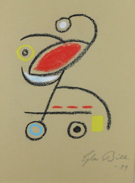 Ejler Bille (1910-2004) Chalk Drawing: Original chalk drawing, abstract composition on heavy tan paper, by Ejler Bille (1910-2004). Signed and dated '89. 9 1/8 x 7 1/4 inches. Matted but unframed.Framing Note: Preston Hall removes most wor