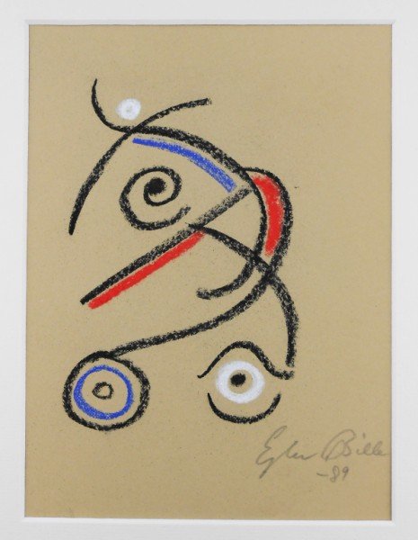 Ejler Bille (1910-2004) Chalk Drawing: Original chalk drawing, abstract composition on heavy tan paper, by Ejler Bille (1910-2004). Signed and dated '89. 9 1/8 x 7 1/4 inches. Matted but unframed.Framing Note: Preston Hall removes most wor