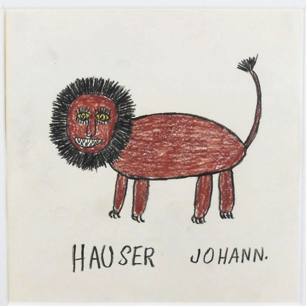 Johann Hauser (1926-1996) Colored Pencil Drawing: Colored pencil drawing, Lion, by Joahnn Hauser (1926-1996). Signed. 7 3/4 x 7 3/4 inches. Very good condition.Property from a prominent German collection of European folk and "outsider" art.Framing No