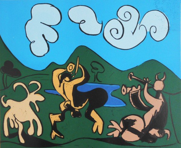 Pablo Picasso (1881-1973) Linoleum Cut: Two Satyrs and Goat (sepia, green, blue - two shades - ,black). Facsimile color linoleum cut, Abrams edition, 1962, after the original by Pablo Picasso (1881-1973), created under the direction of the 
