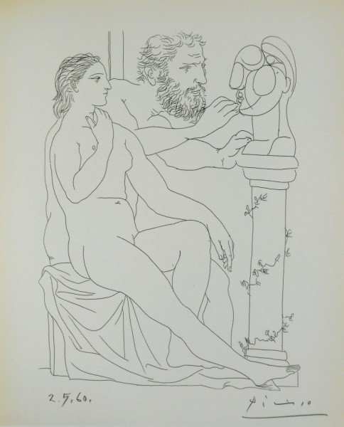 Pablo Picasso (1881-1973) Suite Vollard: Seated Model and Sculptor Studying Sculptured Head (1933), black and white lithograph on white wove paper after the original etching by Pablo Picasso. The present lot, published circa 1956, is particu
