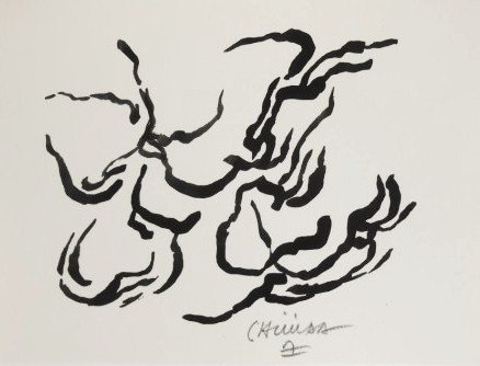 Eduardo Chillida (1924-2002) Ink Drawing: Black ink drawing on white wove paper, untitled composition, attributed to or in the manner of Eduardo Chillida (1924-2002). Pencil signed lower middle right. 6 x 8 inches. Very good condition (hinge