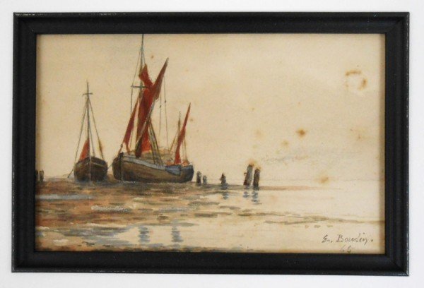 Eugene Boudin (1824-1898) Watercolor: Watercolor, Les Bateaux, attributed to Eugene Boudin (1824-1898). Signed lower right and dated '65. Approximate dimensions: 3 3/8 x 5 5/8 inches. Generally good condition (some foxing in sky area). AU