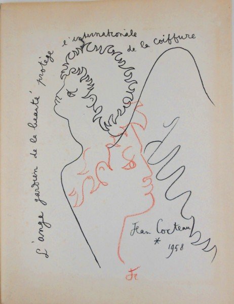 Jean Cocteau (1889-1963) Colored Pencil Drawing: Red pencil drawing, face in profile, attributed to Jean Cocteau (1889-1963). Signed with the artist's initials. Executed on the cover of "L'ange gardien de la beaute protege l'internationale de la coi