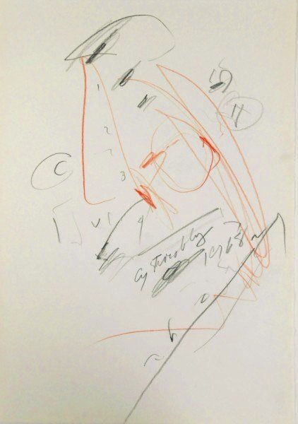 Cy Twombly (1928-2011) Pencil Drawing: Original pencil and red colored pencil drawing, untitled composition, executed on fine Italian wove paper, attributed to Cy Twombly (1928-2011). Signed lower middle and dated 1968. 11 1/2 x 8 1/4 inch
