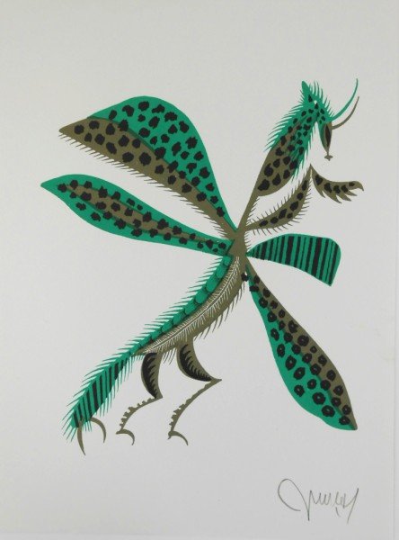 Jean Lurcat (1892-1966) Signed Color Lithograph: Libellule de Castille, original color lithograph on white wove paper by Jean Lurcat (1892-1966), pencil signed. From the suite, Geographie Animale, first printed in June 1948. Sheet Size: 12 3/8 x 9 1
