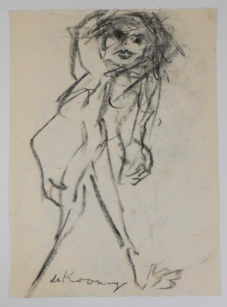 Willem De Kooning (1904-1997) Charcoal Drawing: Original charcoal drawing, striding woman, executed on soft cream-colored wove paper by Willem de Kooning (1904-1997). Signed lower middle. 10 x 7 1/4 inches. Very good overall condition (some minor s