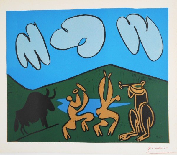 Pablo Picasso (1881-1973) Linoleum Cut: Bacchanal with Black Bull (blue - two shades, ocher, green, black). Facsimile color linoleum cut, Abrams edition, 1962, after the original by Pablo Picasso (1881-1973), created under the direction of 